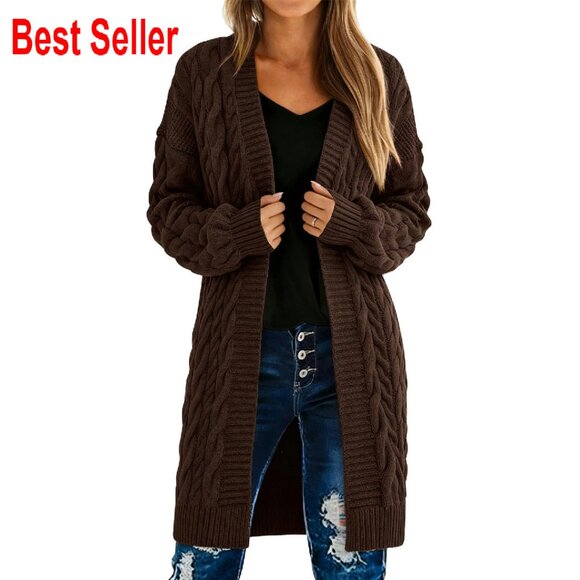 Sweaters - Oversized Cable Knit Cardigan Chunky Open Front Long Sleeve Sweater